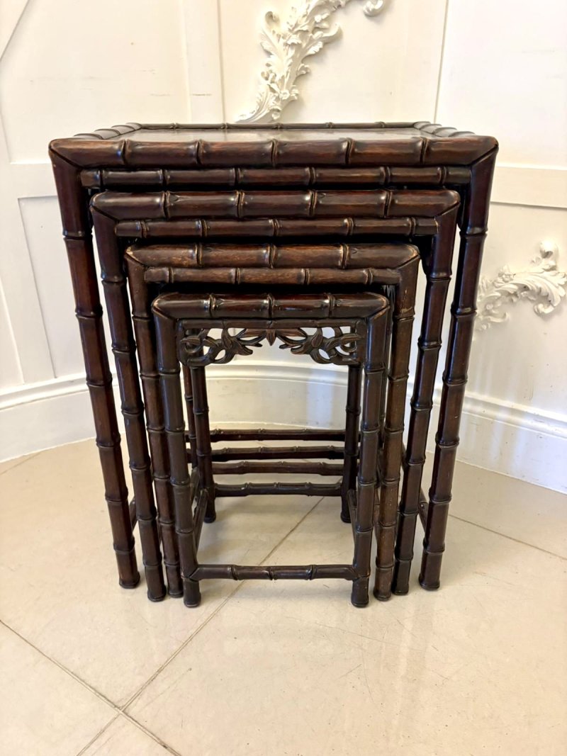 Antique 19th Century Oriental Carved Faux Bamboo Freestanding Nest of Tables